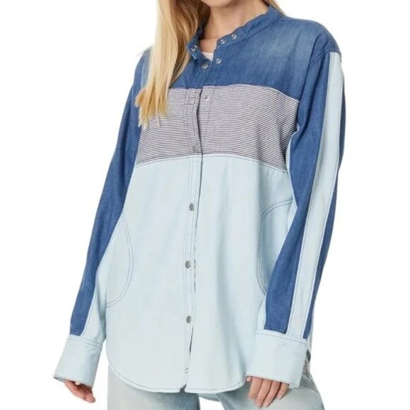 NEW Free People Moto Colorblock Shirt XS - Picture 2 of 12